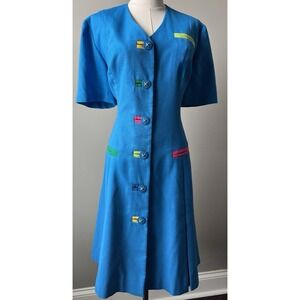 Vintage Howard Wolf Dress Turquoise Blue Colorblock Novelty Button Lined 12